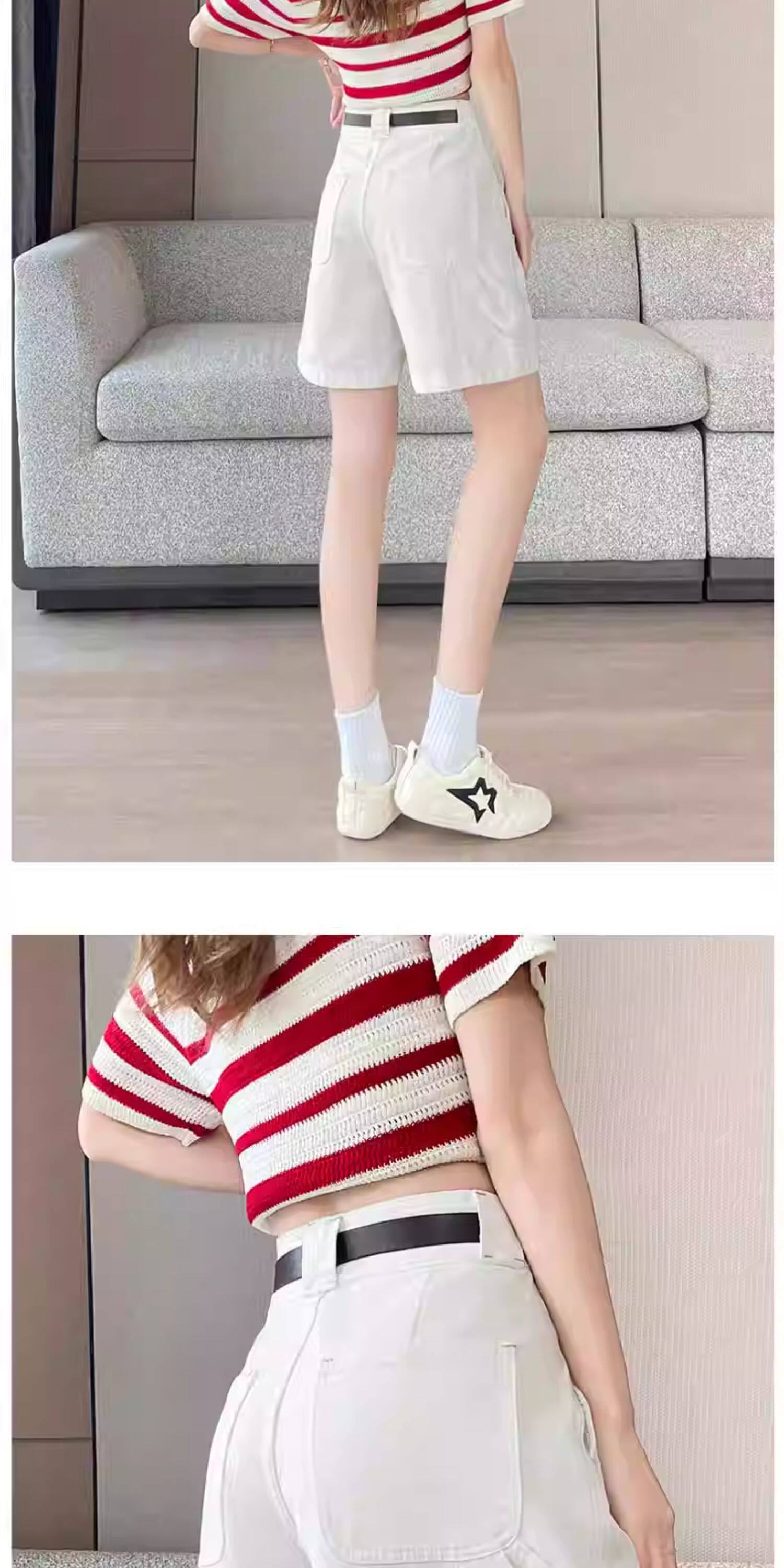 Quần jean nữ ống rộng cạp cao dáng suông — Trắng với vành đai chi tiết 13