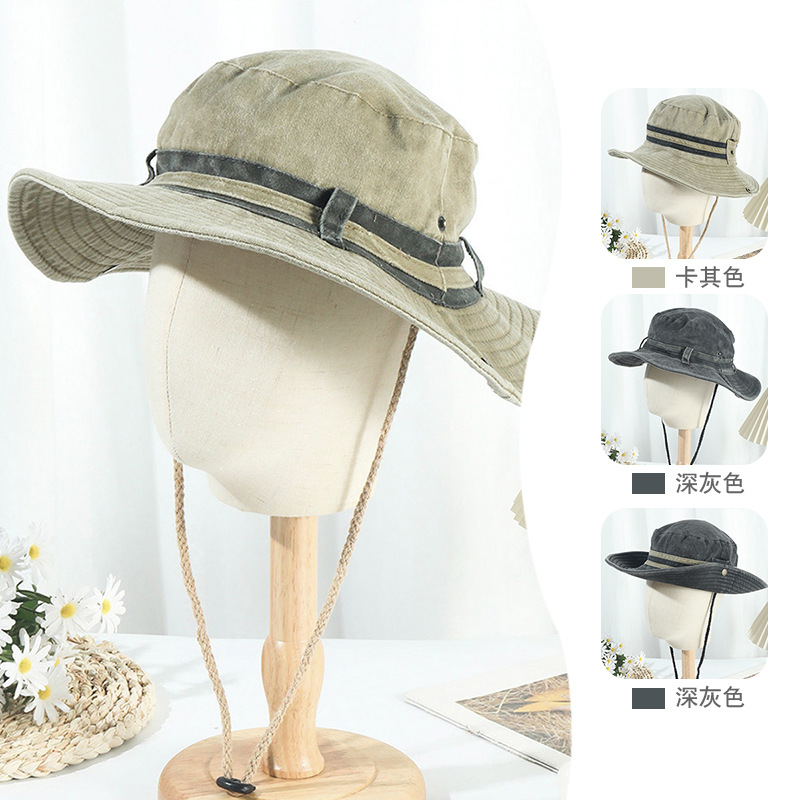 西部牛仔抽绳渔夫帽复古夏季防晒出游百搭女潮登山露营遮阳帽子男