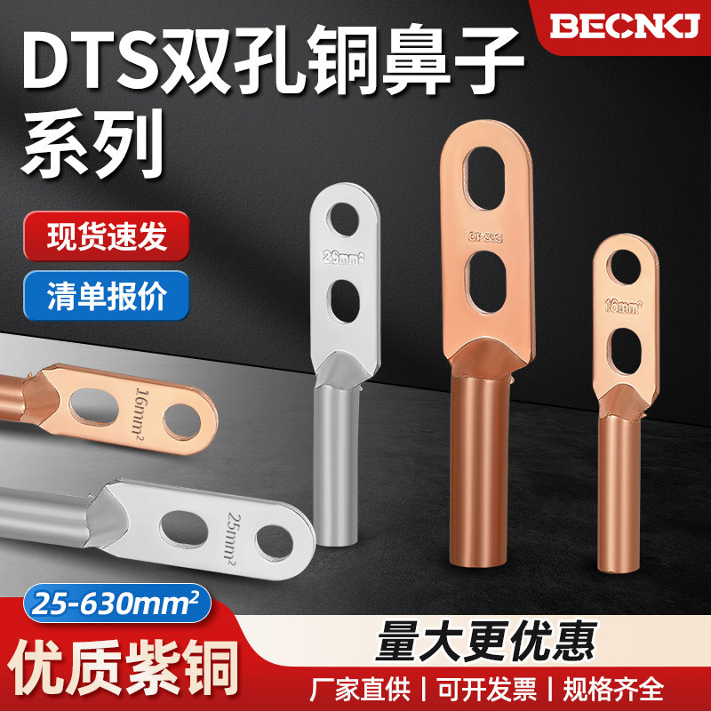 DT双孔铜鼻子接线端子紫铜纯铜线鼻耳接头25/50/70/90平方16镀锡