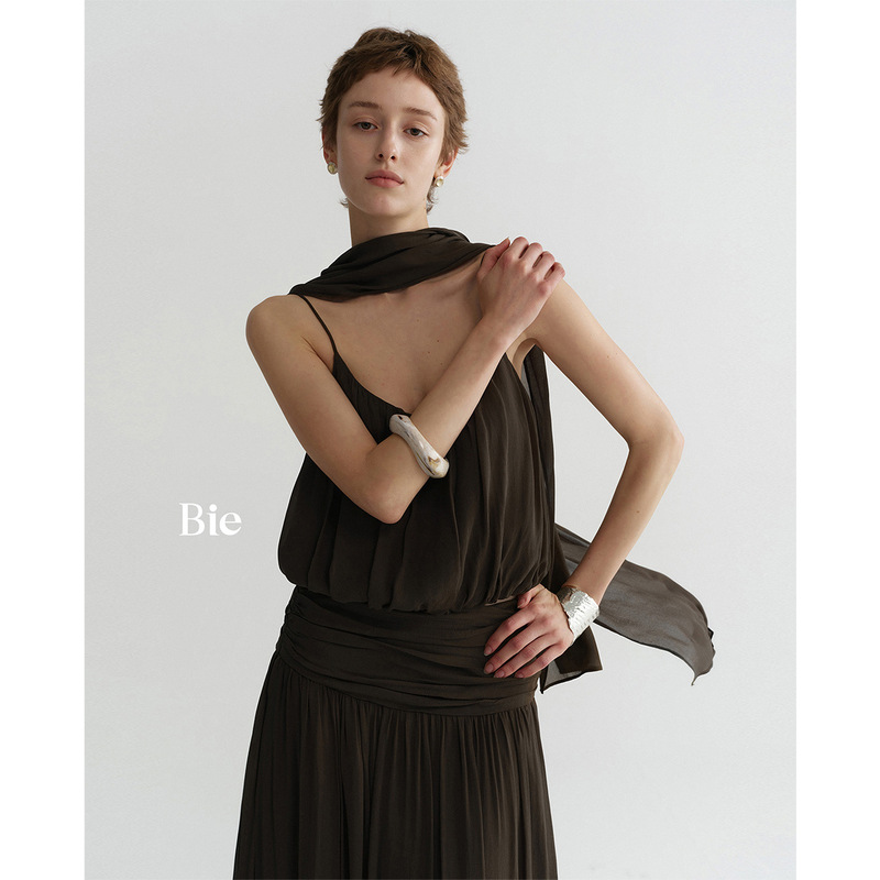 Bie Elegant Silk Scarf + Drapey U-Neck Camisole for Women, Outerwear Backless Short Sleeveless Top for Women