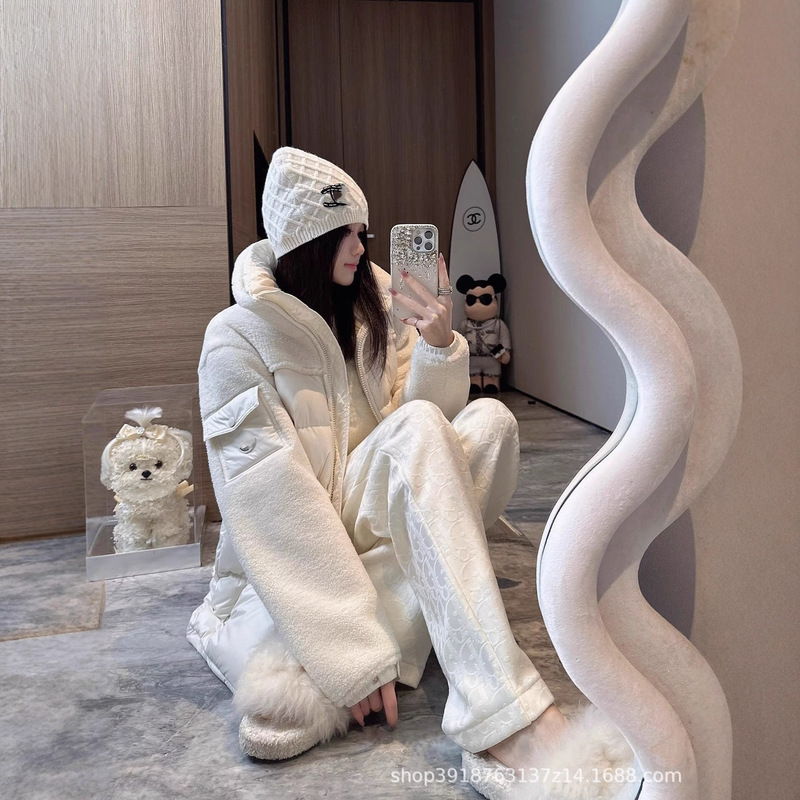 Mengjia 90% down Autumn and Winter New White Duck down Fur Series Lamb Fur Integrated Stand Collar Women's down Jacket