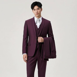 酒红色西装三件套男士 新郎结婚礼服 高级感修身西服套装