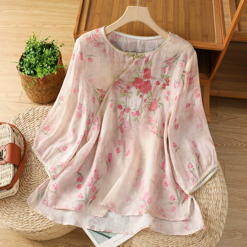 Летний топ 2025 года в ретро-китайском стиле с улучшенным художественным принтом, свободный кэжуал с круглым вырезом и косыми лацканами для женщин