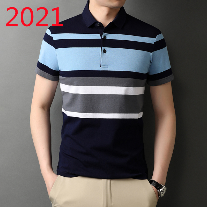 Burton paolong 2021 stripe Simplicity Straight cylinder type polo Short sleeved Lapel blue Harbor Wind leisure time polo Cotton shirt