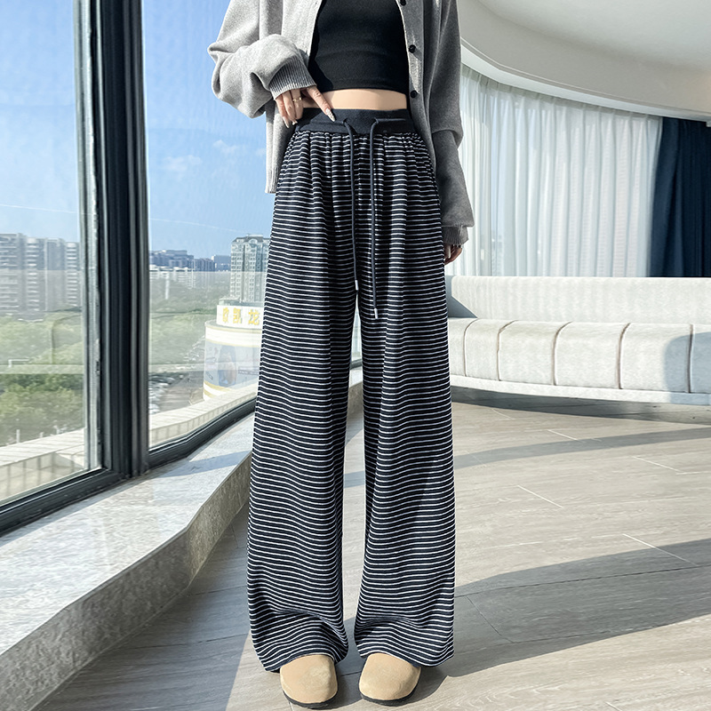 撞色条纹阔腿裤女2025秋款宽松羊绒百搭慵懒风高腰垂顺针织糯米裤|undefined