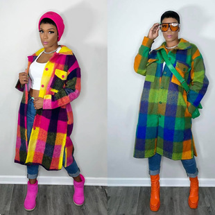 5528 Cross-border Women's Fashion Printed Plaid European and American Coat Winter Mid-length Temperament Commuter Pocket Coat