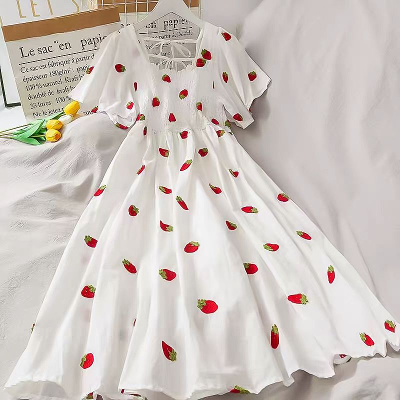 White Strawberry Print Dress 2026 New Summer Ins Style Super Fairy Student Slimming Long Dress That Covers the Knees
