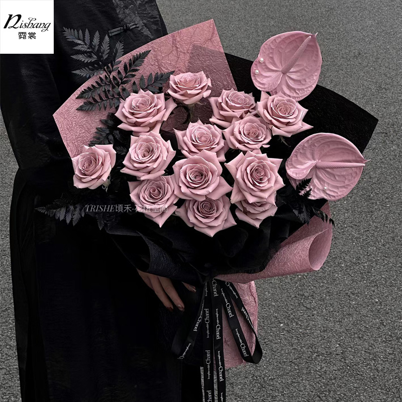 曼塔玫瑰黑粉系列鲜花包装纸肌理纹手工石纹纸玫瑰花束包花纸材料