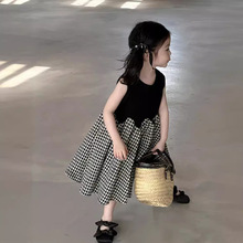 童裙跨境2024夏季新款韩版女童背心连衣裙女宝无袖黑白格拼接裙