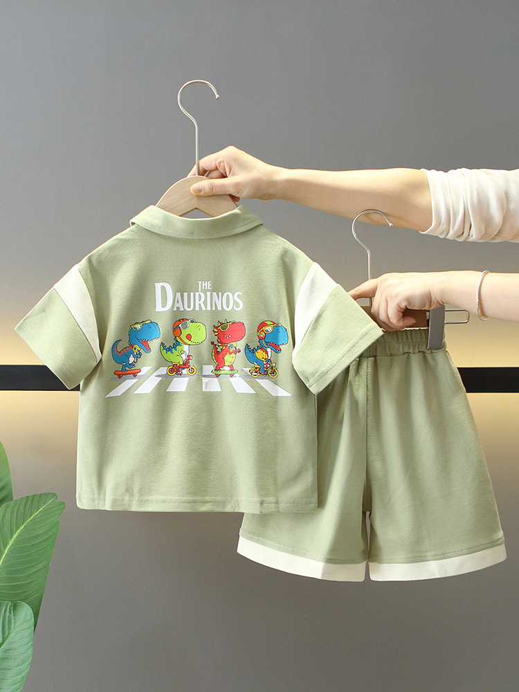 Conjunto de Verano para Niños 7856, Estilo 2026, Conjunto de Dos Piezas de Manga Corta con Dinosaurios, Camiseta Polo de Verano para Bebés