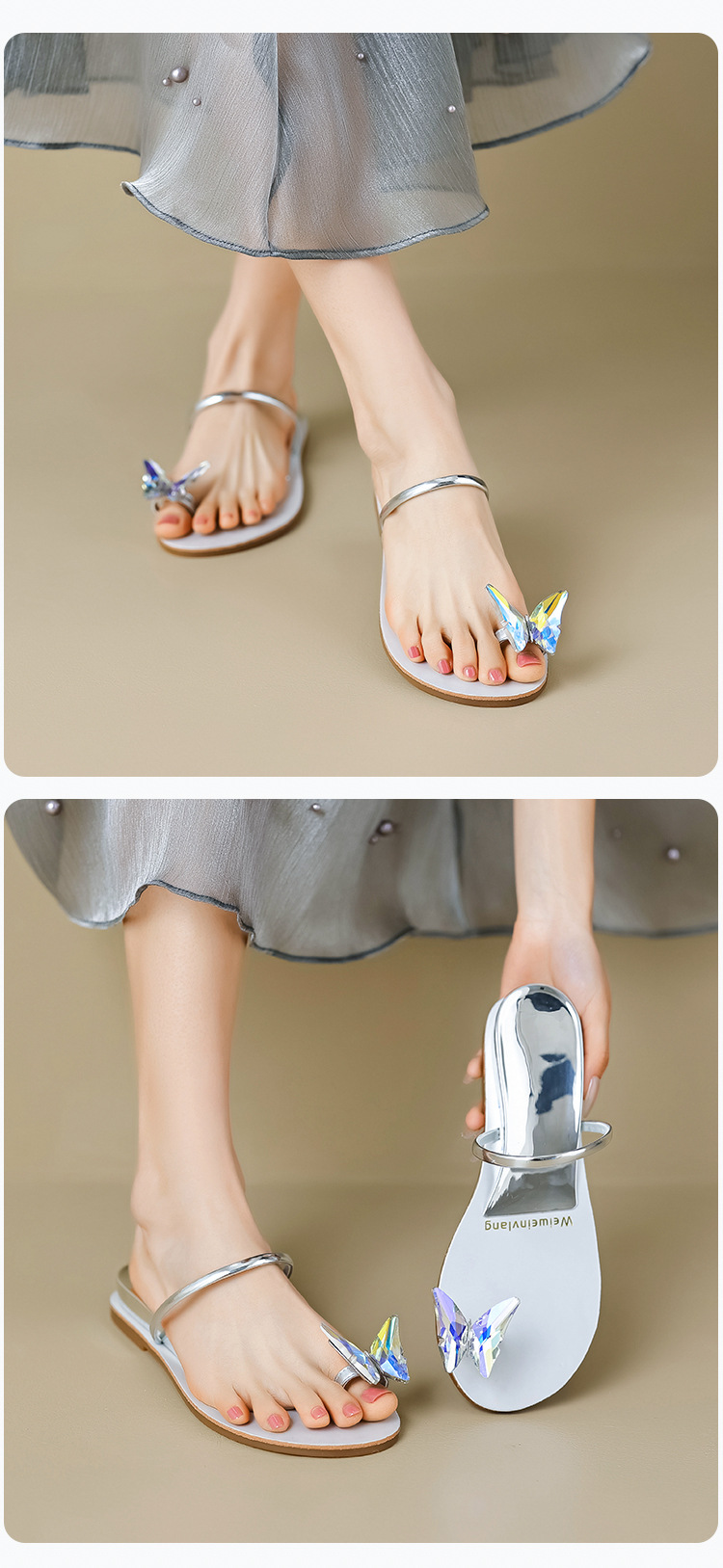 Open Toe Sandals For Women Summer New Fashion Butterfly Rhinestone One Line Flat Slippers With Clip Large Size_voghion.com