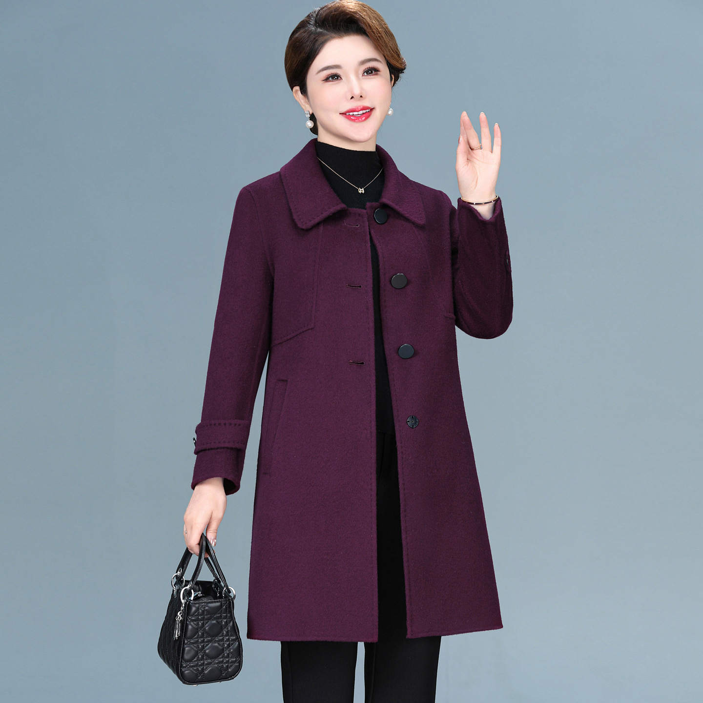 Mom's Double-Sided Cashmere Outwear Women's Mid-Length Autumn and Winter Middle-Aged and Elderly Woolen Outwear Classy Loose Woolen Outwear