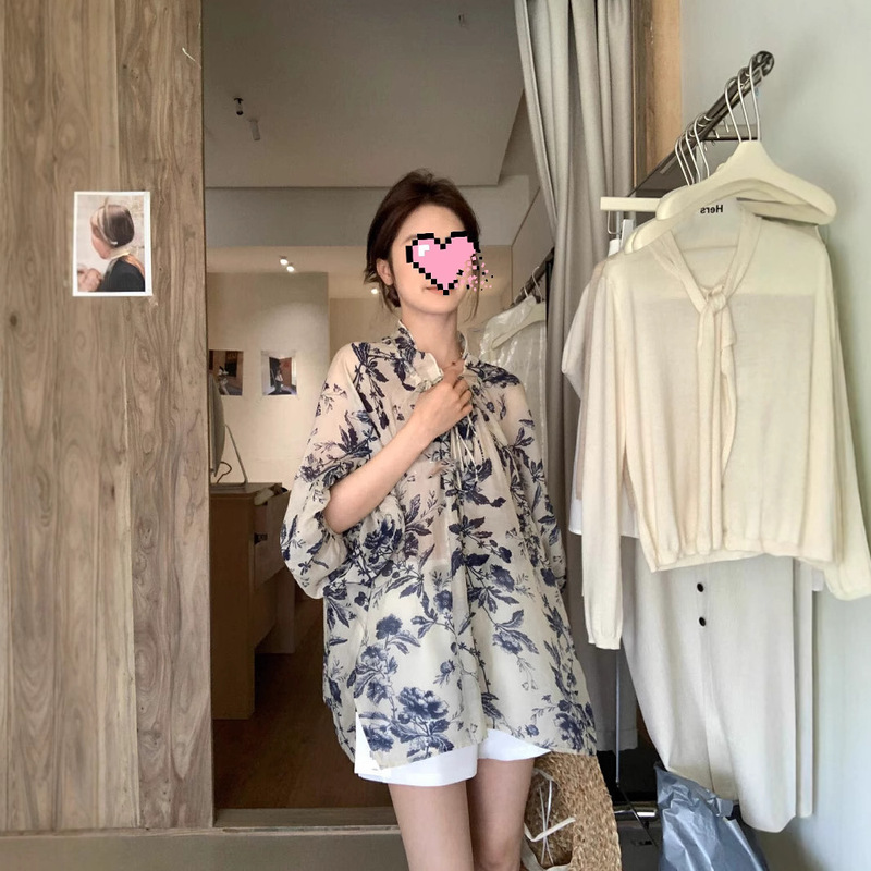 Spring and Summer New Elegant Retro National Style Blue and White Design Shirt Lotus Leaf Collar Lace-Up Irregular Long-Sleeved Shirt