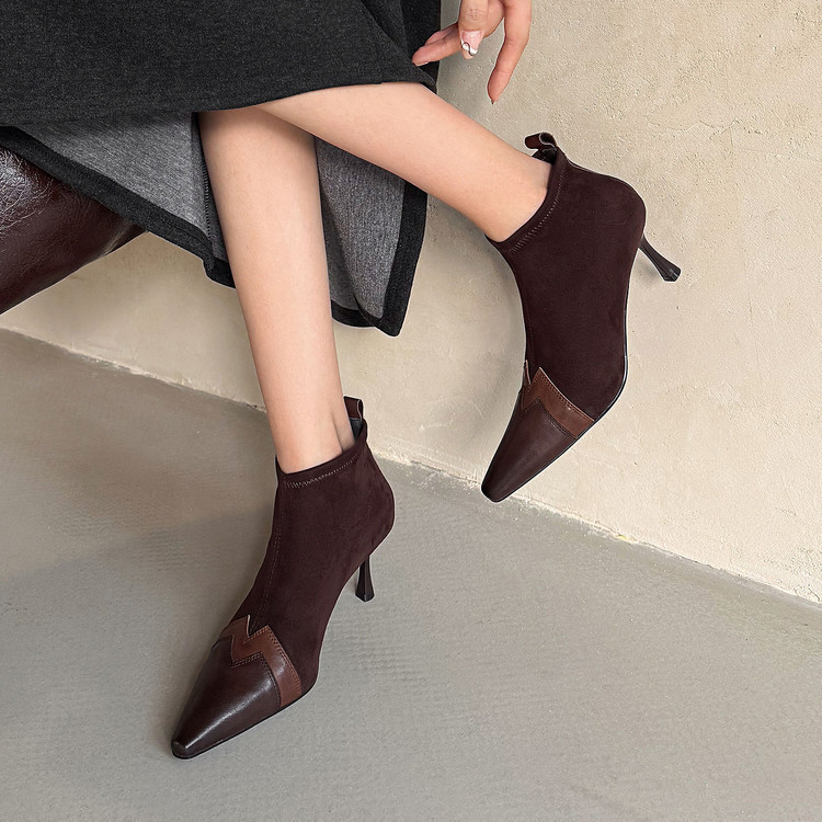Top-layer cowhide + elastic women's ankle boots, new autumn and winter pointed toe stiletto heel boots, women's elastic short boots, single boots for women