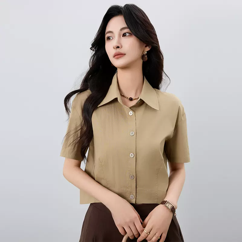 [本初]春夏新款chic休闲设计高级感翻领短款衬衫+抽绳裙子套装女