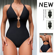 2024新款欧美速卖通纯色挂脖泳装一体式沙滩连体泳衣性感bikini