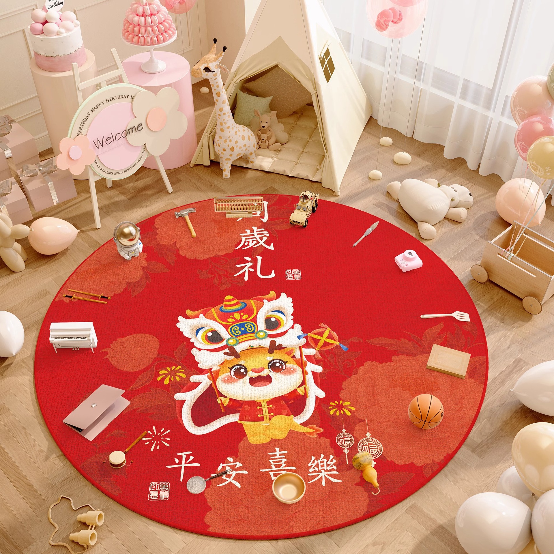 Casi alfombra de un año alfombra de cumpleaños props de diseño dragón bebé raspar la alfombra de la sala de estar para niños almohadilla redonda roja