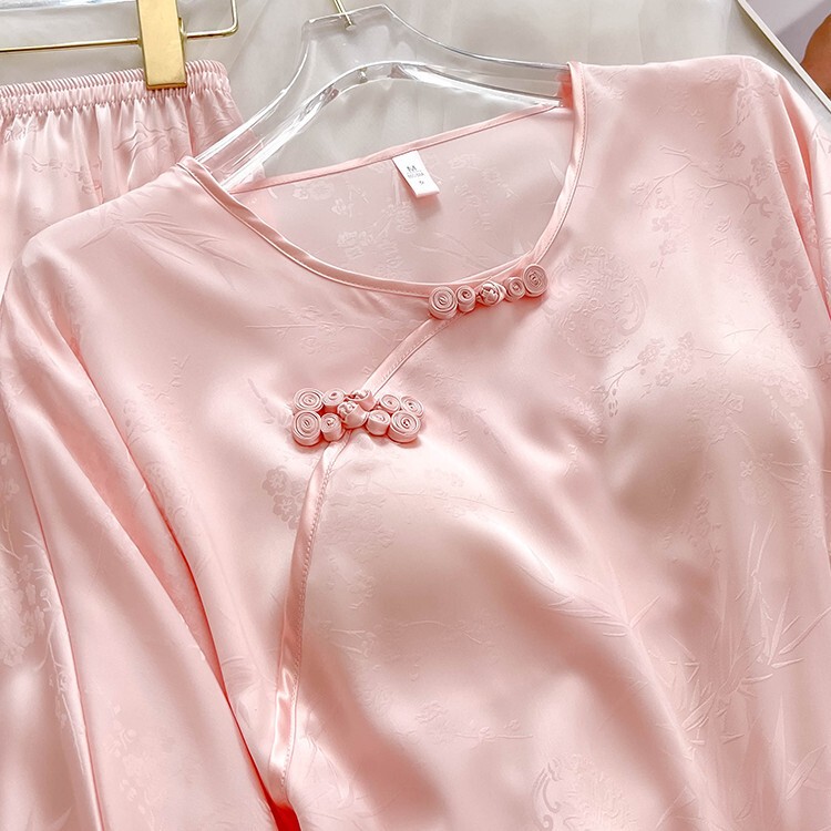 新中式国风真丝睡衣女春秋款长短袖桑蚕丝家居服套装带胸垫夏|undefined