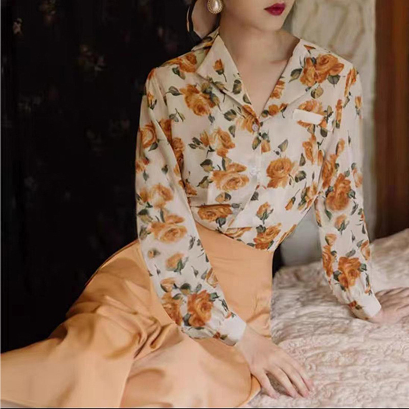 Hong Kong Style Suit for Women, Summer Color Shirt, Retro High-Waisted Yellow Skirt, Slimming Look and Mature Two-Piece Skirt