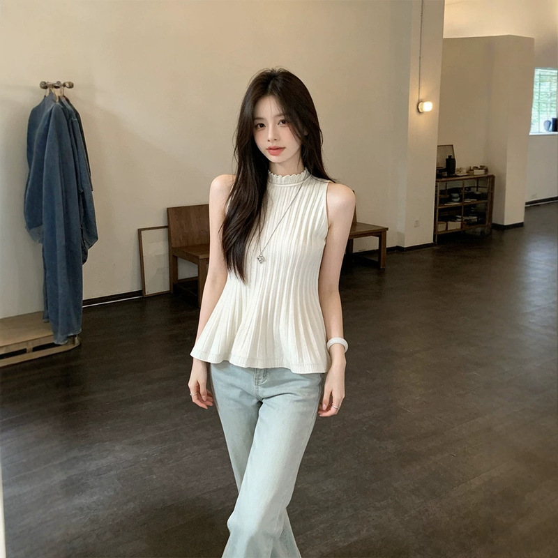 Stylish Ruffled Neckline Sleeveless Knit Top for Women, Summer Style, Stretchy Knit with a Three-Dimensional A-Line Design Stylish Ruffled Neckline Sleeveless Knit Top for Women, Summer Style, Stretchy Knit with a Three-Dimensional A-Line Design