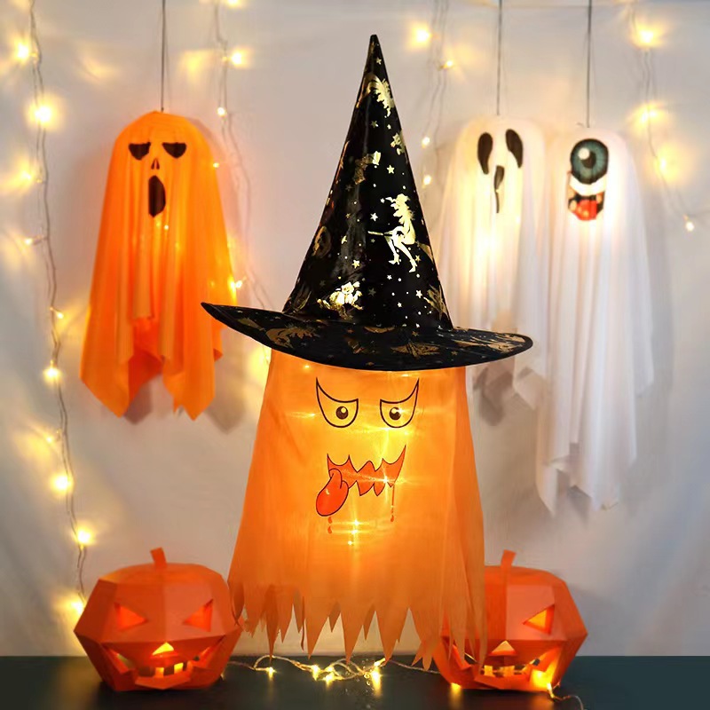 Amazon nuevo sombrero de hilo LED decoración de Halloween sombrero colgante sombrero fantasma sombrero de hilo