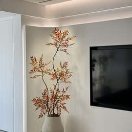 南天竹电视墙高端轻装饰假花摆件客厅大型奢红色仿真绿植落地盆栽