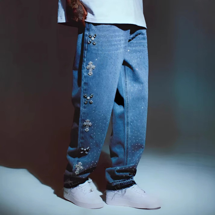 2025 Europa y América comercio exterior transfronterizo diseño de alta calle estilo casual relajado rectas pantalones jeans de diamante para hombre