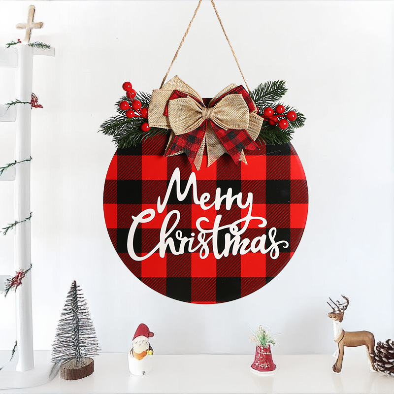 クリスマスフロントドア木製タグガーランドメリークリスマスサイン装飾バッファローチェック柄吊り下げドアプレート|undefined