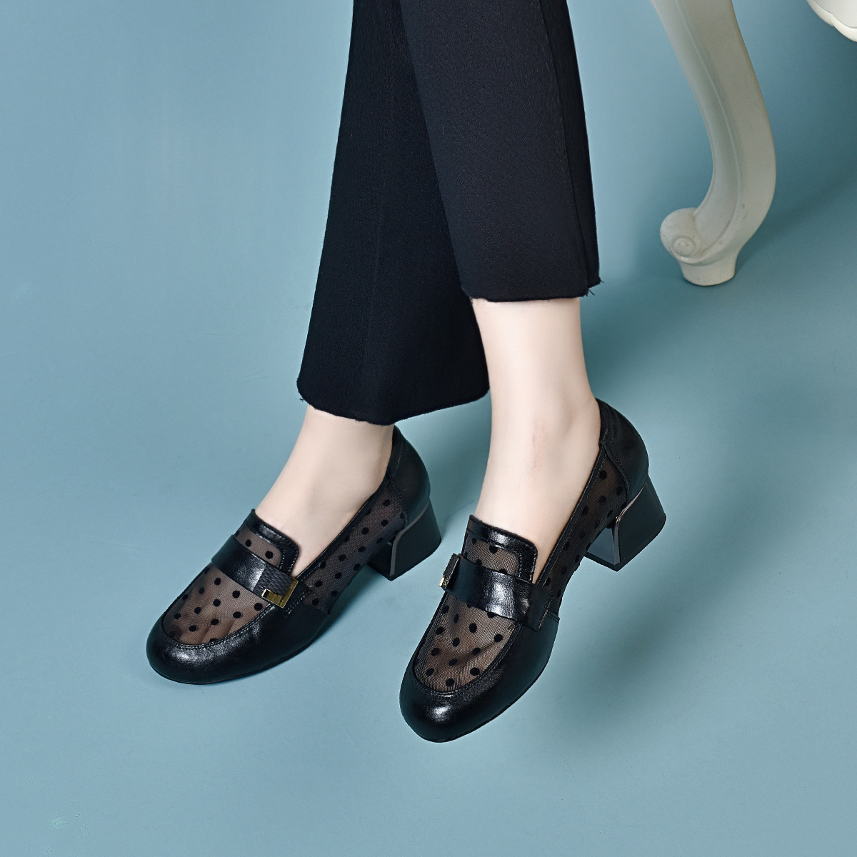 Giày lười nữ da bò đế mềm lưới thoáng khí mùa xuân hè — Kaki-3 cm