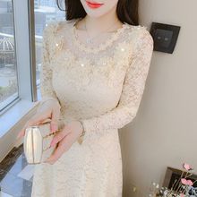 钉珠刺绣花朵圆领蕾丝秋冬季连衣裙新款长袖显瘦遮肚子字裙