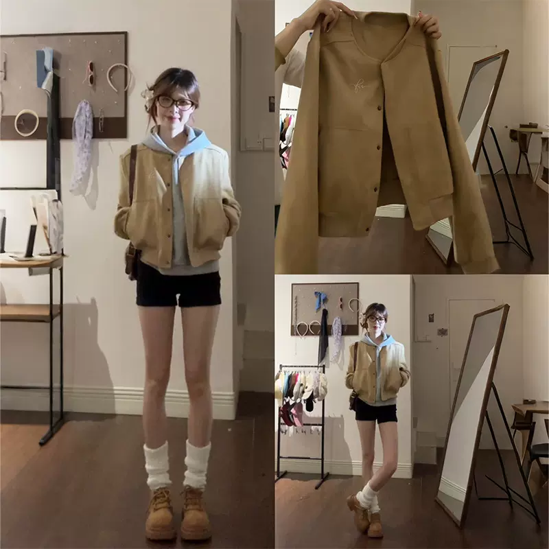 卡其色正肩夹克短款外套女早秋季棒球服韩系巴恩风穿搭小香风上衣