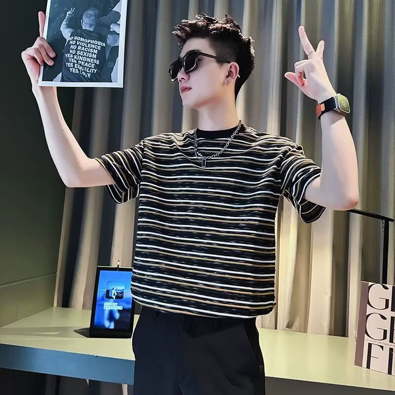 Полосатая мужская футболка с короткими рукавами, летняя японская ретро-футболка большого размера, модная брендовая тяжелая хлопковая свободная студенческая футболка с половиной рукава.