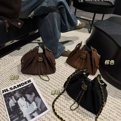 2025新款真皮菱格hobo抽绳链条抽绳水桶包复古腋下女包时尚单肩包
