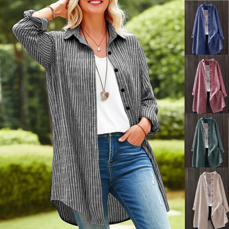 Large Stock Available: Amazon's New Women's Artistic Cotton-Linen Striped Shirt, Mid-Length, Long-Sleeve, Plus-Size, with Pockets