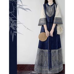 漢服女性のドン族鳥模様明製化粧馬面スカート前開きビアードスタンドカラートップスーツ