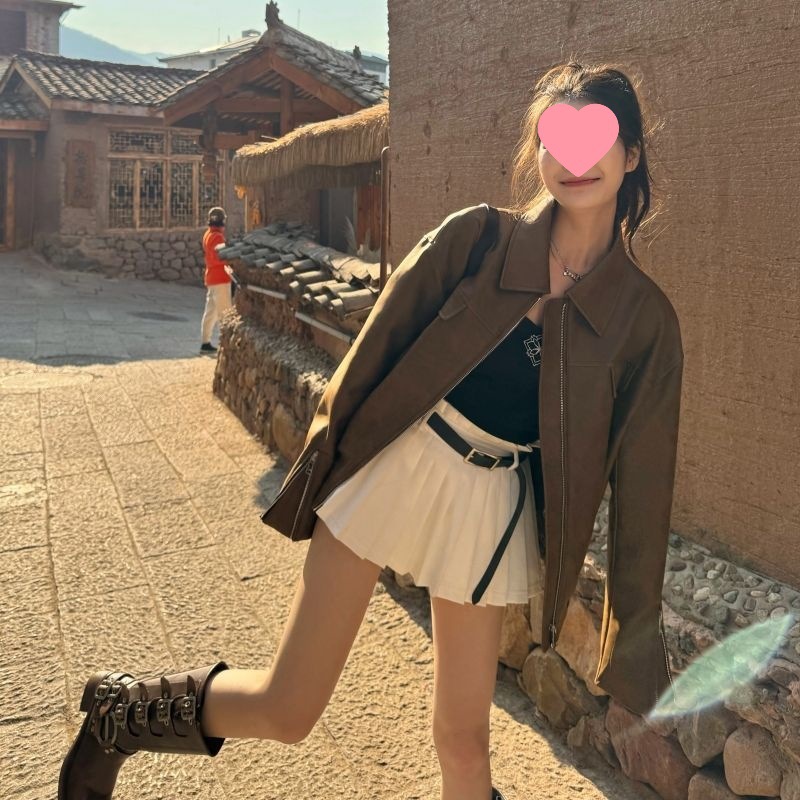 Slim Leather Jacket Women's New Spring and Autumn Motorcycle Jacket Short Coffee Color Retro Maillard Jacket Autumn