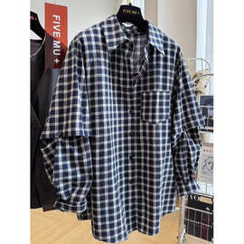 春季宽松复古休闲格子长袖衬衫女韩系chic别致气质上衣