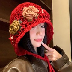 韩版复古立体花朵针织渔夫帽子女秋冬百搭包头帽气质保暖厚盆帽潮