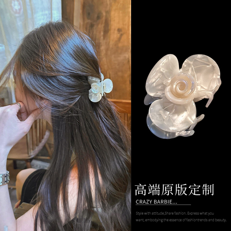 法式清冷感醋酸中号玫瑰花朵发夹发抓夹少女后脑勺盘发鲨鱼夹头饰|undefined