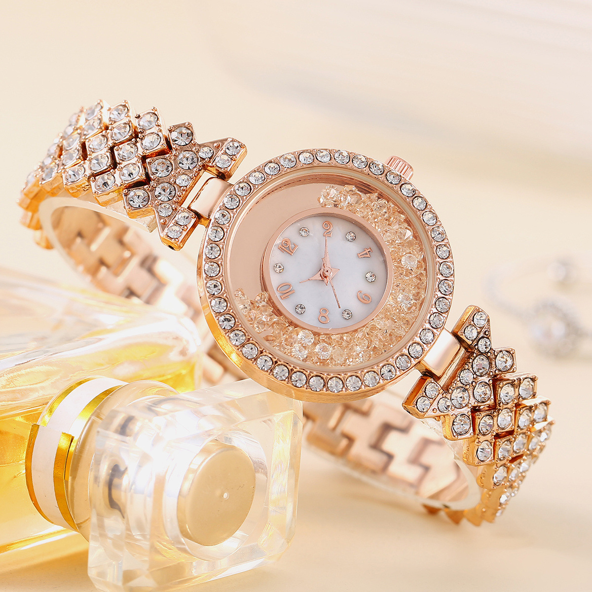 Fashion quicksand ball rhinestone Women's Watch Diamond Steel Belt bracelet digital dial light luxury watch_voghion.com