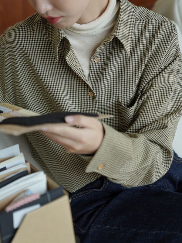 Autumn Coffee Cookie Plaid Shirt Women's Tops Autumn and Winter Retro Versatile Long-Sleeved Shirt Literary Retro