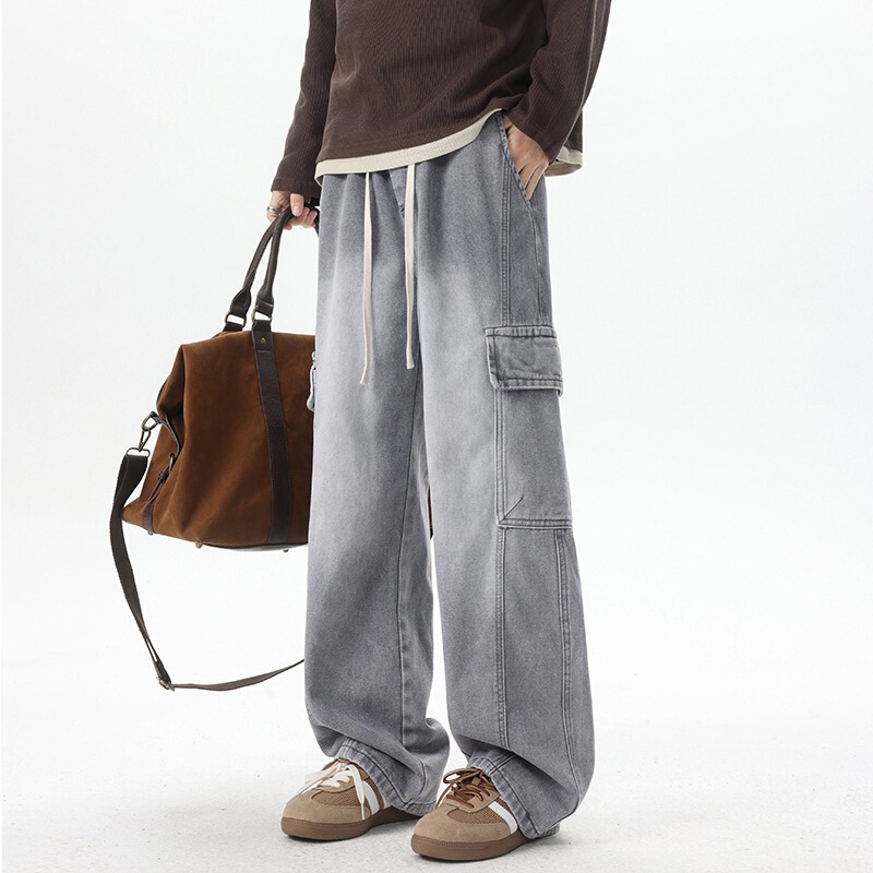 Vintage Ash Gray Distressed Workwear Wide-Leg Jeans for Men, Trendy Brand, Large Pockets, Drawstring Waist, Loose Fit, Straight-Leg Pants