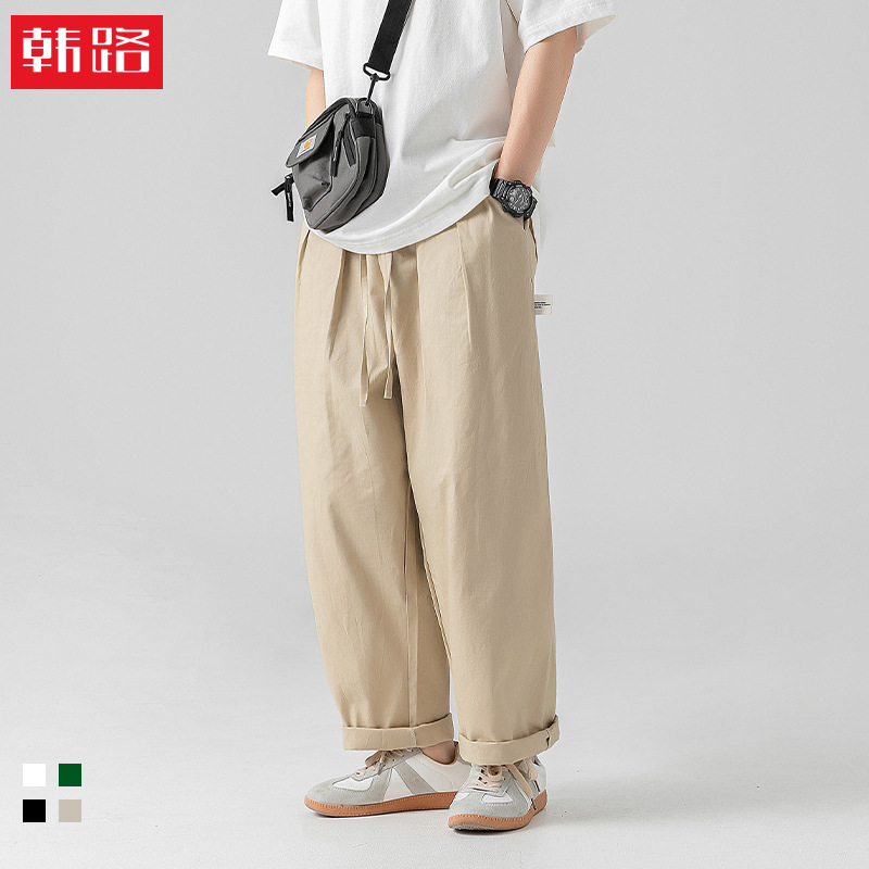 Hanlu Pantalones casuales rectos sueltos de algodón puro para hombres japoneses Pantalones de herramientas de diseño plisado al aire libre de primavera para hombres q