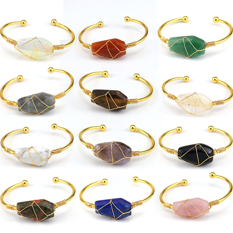Handmade golden copper wire wound natural crystal hexahedron bracelet bracelet original stone crystal bracelet B22