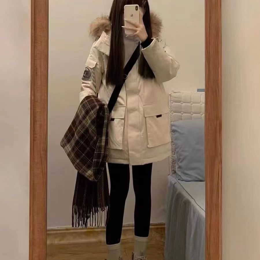 Negro encapuchado cuello de lana ropa de algodón chaqueta de invierno para mujeres 2024 nuevo estilo americano vintage suelto ropa de algodón gruesa moda
