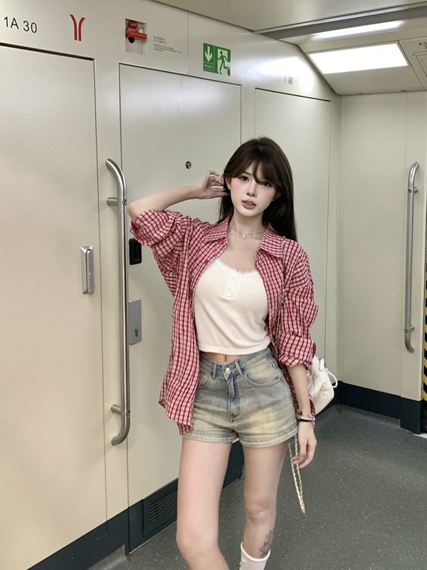 复古红色格子衬衫女装早秋慵懒风长袖POLO领衬衣宽松休闲开衫上衣|undefined