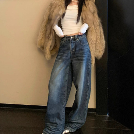 Dongdaemun Women's Wide-Leg Distressed Casual Jeans Women's Autumn and Winter Straight Loose Low-Waist Retro Blue Pants