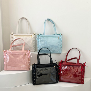 This Year's Popular Ribbon Bow 2025 Cute Large-Capacity Splicing Transparent Fashion One-Shoulder Handheld Tote Bag