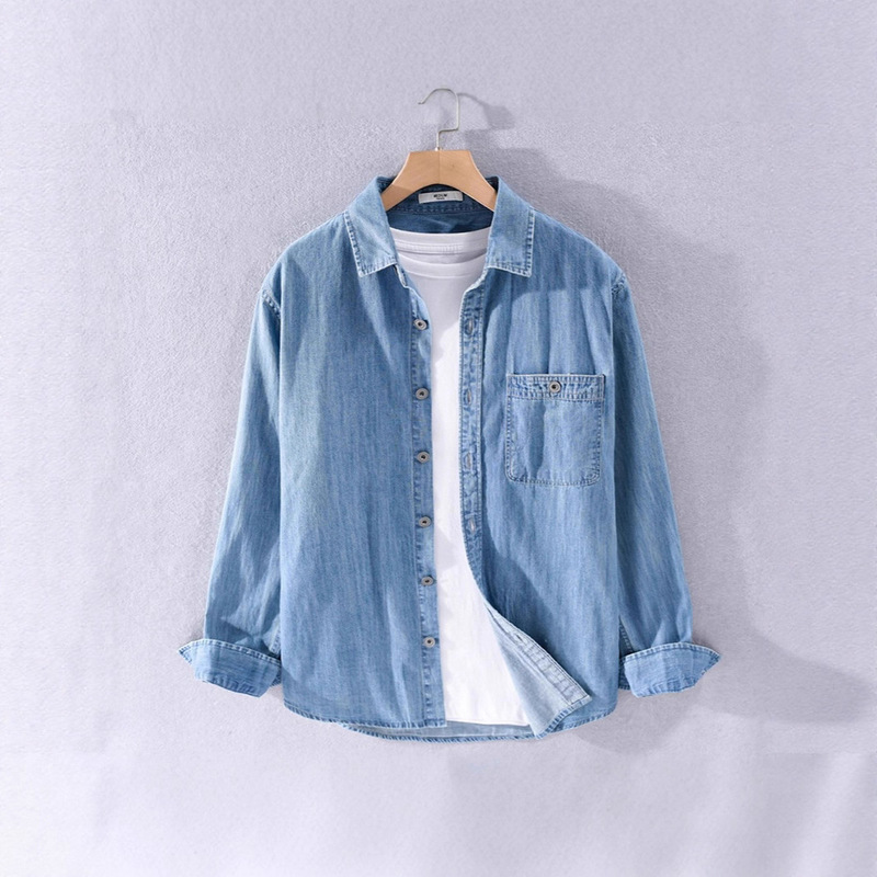 Spring and Autumn Thin Korean Style Denim Long-Sleeved Shirt for Men, Loose, Casual, Simple, High-End, Versatile Long-Sleeved Denim Shirt
