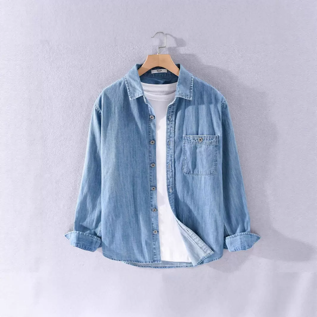 春秋季薄款韩版牛仔长袖衬衫男宽松休闲简约高级感百搭长袖牛仔衫